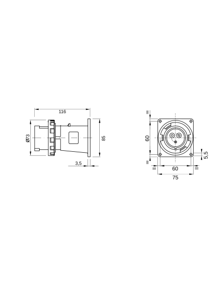STRAIGHT FLUSH MOUNTING INLET - IP67 - 2P+E 16A 100-130V 50/60HZ - YELLOW - 4H - SCREW WIRING