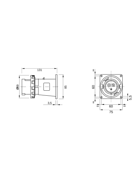 STRAIGHT FLUSH MOUNTING INLET - IP67 - 3P+N+E 16A 480-500V 50/60HZ - BLACK - 7H - SCREW WIRING