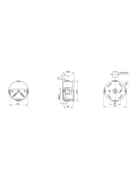 JUNCTION BOX WITH PLAIN PRESS-ON LID - IP44 - INTERNAL DIMENSIONS Ø 65X35 - WALLS WITH CABLE GLANDS - GREY RAL 7035